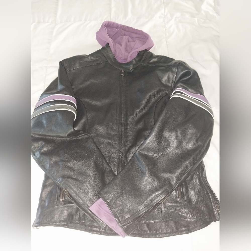 Black Leather Jacket with Purple Accents